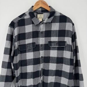 LL Bean Mens Flannel Shirt Black Grey Plaid Organic Cotton Button Down‎ Large